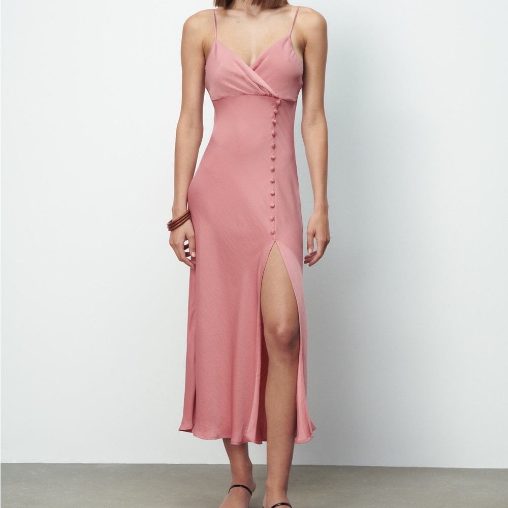 Zara Buttoned Slip Maxi Dress Side Slit Dusty Pink Tank Dress